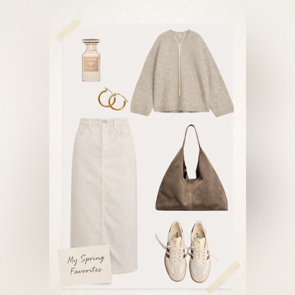H&M Beige Denim Midi Skirt – Size 4 (EU 36) | Minimalist Capsule Wardrobe
